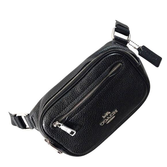 NWOT! COACH! BLACK GENUINE PEBBLE LEATHER SILVER HARDWARE HIP PACK SHOULDER BAG! - Picture 1 of 15